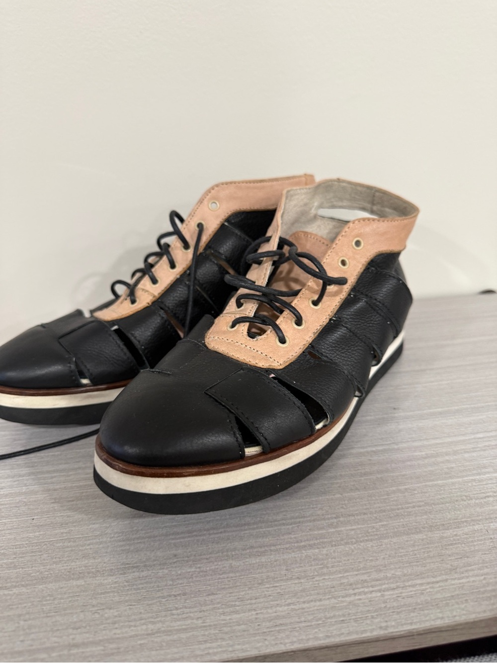Alexander Hotto  Black and Tan Leather Lace-Up Sneakers